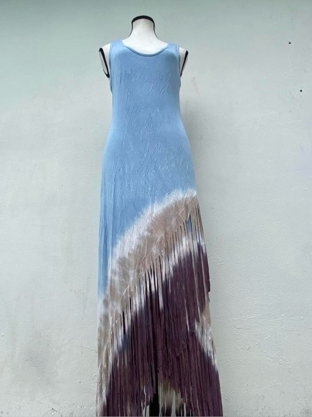 Y2K Blue Tan & Purple Tie Dye Asymmetrical Fringe Tank Maxi Dress Small Medium